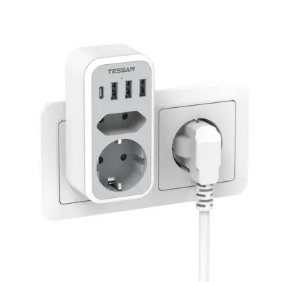 Vtični razdelilec TESSAN 328C (TS-328), 2x vtičnica (Schuko + Euro), 3x USB-A, 1x USB-C