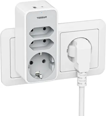 Vtični razdelilec TESSAN 330C (TS-330-C), 1x Schuko + 2x Euro vtičnici, 1x USB-A, 1x USB-C