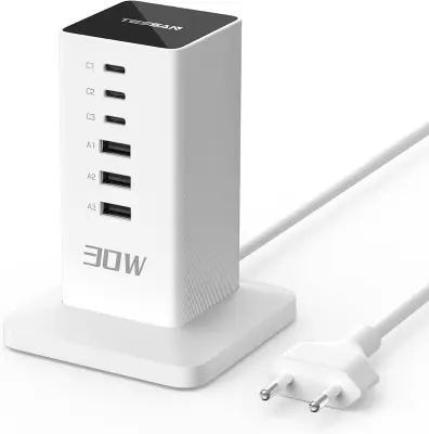 Namizna polnilna postaja TESSAN (CS04-EU-WH)3× USB-C in 3× USB-A – 30 W