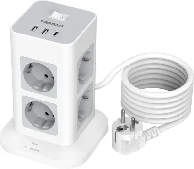 Stolpna razdelilna vtičnica TESSAN (TPS03-DE-C), 8x AC, 2x USB-A in 1x USB-C – zaščita, kabel 2 m