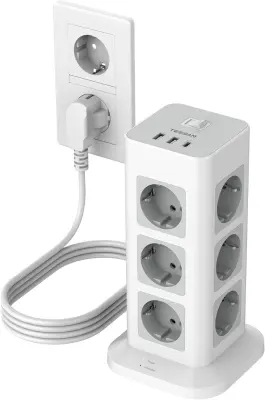Stolpna razdelilna vtičnica TESSAN (TS-TPS04-DE), 12x vtičnica, 3x USB, stikalo, 2 m kabel