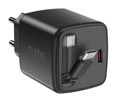 Stenski polnilnik SBS 65W USB-C GaN z zložljivim kablom črne barve