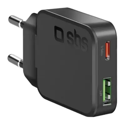 SBS Ultra-Slim 45W USB-C PD USB-A stenski polnilnik črne barve