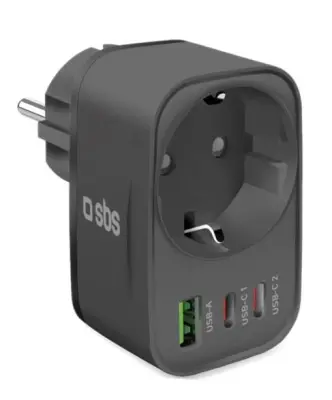 Stenski polnilnik SBS 30W z vtičnico 2xUSB-C, 1xUSB-A črne barve