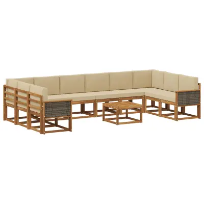 vidaXL Zunanja garnitura za sedenje z blazino 11 pcs Naravna in bež
