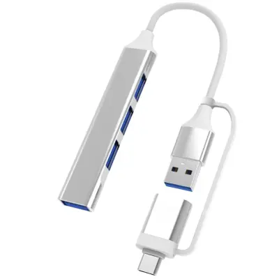 Večnamenski razširitveni hub 2-v-1 USB na Type-C, 4 vrata, aluminijeva zlitina + TPE Srebrna