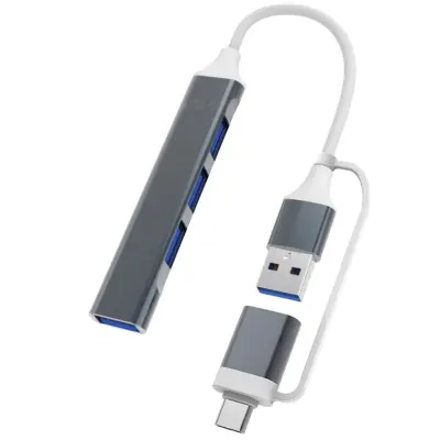 Večnamenski razširitveni hub 2-v-1 USB na Type-C, 4 vrata, aluminijeva zlitina + TPE Siva