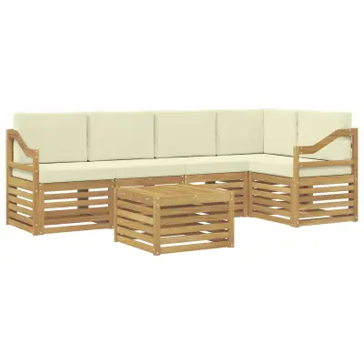 vidaXL Kotna sedežna garnitura 6 pcs Bela in krem Masiven les akacije