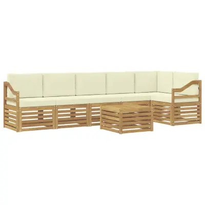 vidaXL Kotna sedežna garnitura 7 pcs Bela in krem Masiven les akacije