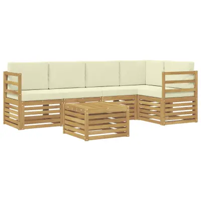 vidaXL Kotna sedežna garnitura 6 pcs Bela in krem Masiven les akacije