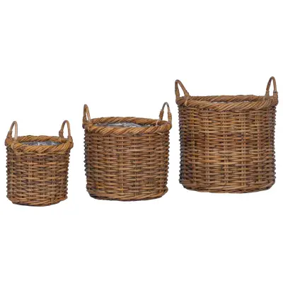 vidaXL Cvečni koš s shranjevanjem 3 pcs Rjava Kubu rattan