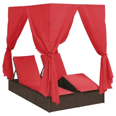 vidaXL Dvojni ležalnik na soncu Rdeča 205 x 129 x 200 cm poli ratan