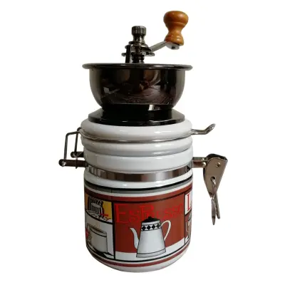 Bel okrogel ročni mlinček za kavo s keramično posodico — retro mlin (burr) z ročnim ročajem za domačo espresso-pripravo