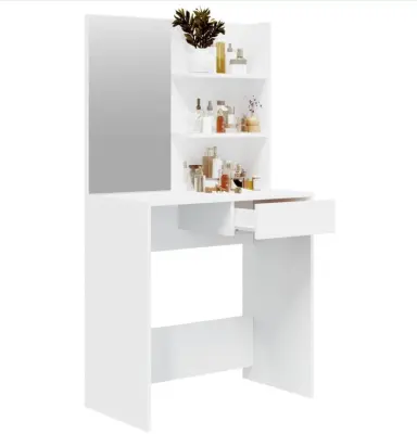 Toaletna mizica z ogledalom Modernhome, 3 police in predal, bela, 75x40x136cm