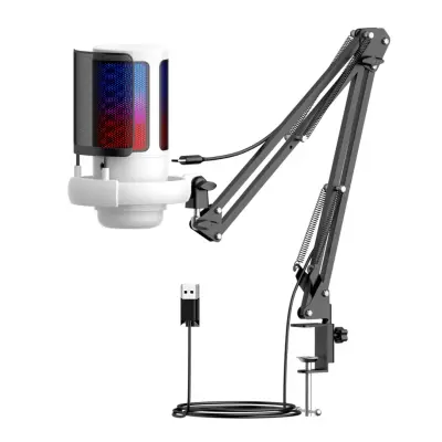 USB igralni mikrofon z RGB osvetlitvijo, nastavljivim nosilcem White