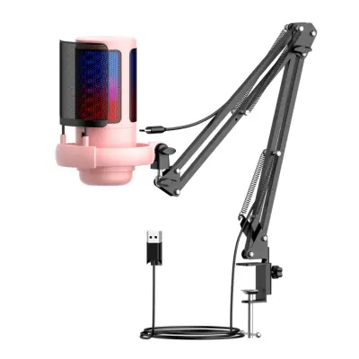 USB igralni mikrofon z RGB osvetlitvijo, nastavljivim nosilcem Pink