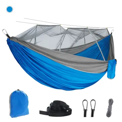 Dvojna kamping viseča mreža z vgrajeno mrežo proti komarjem Gray+Blue