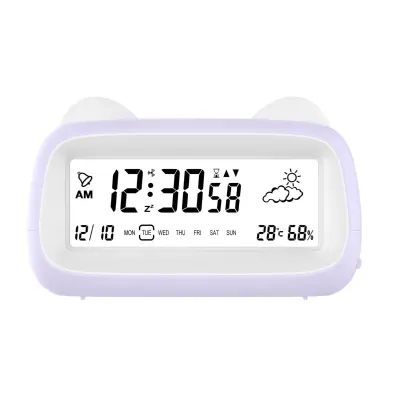Polnilna mačja budilka z nočno lučjo, prikazom temperature in dremežem Purple