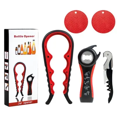 5-v-1 komplet odpiračev, PP in silikon z nerjavečim robom za odpiranje Black+Red
