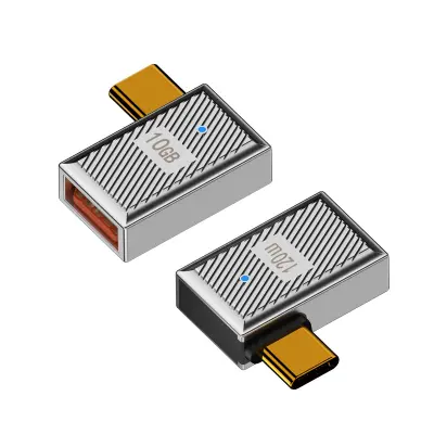 USB-A ženski na USB-C moški adapter s stranskim upogibom, 120 W, cinkova zlitina