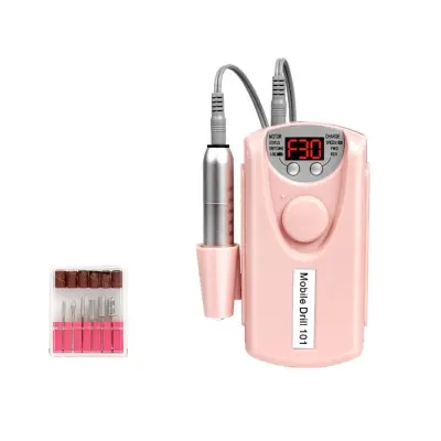 Polnilna električna pilica za nohte z aluminijskim držalom in 6 burs Pink