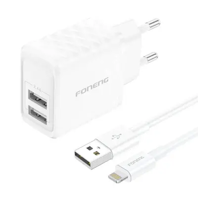 FONENG EU53 20W 2XUSB-A, 2.4A STENSKI POLNILNIK (BEL) + USB-A NA LIGHTNING KABEL