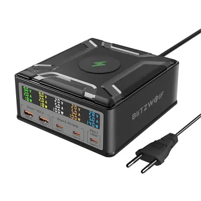 STENSKI POLNILEC BLITZWOLF BW-S28 260W, 2XUSB-A, 3XUSB-C, 15W BREZŽIČNI POLNILEC (ČRN)