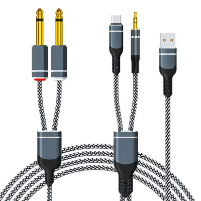 Črno-beli pleteni avdio kabel USB-C do 3,5mm z 6,35mm razdelilnikom  5 m