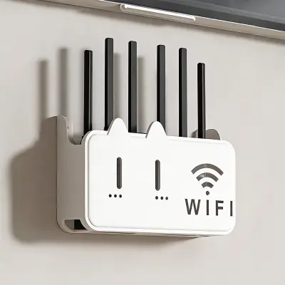 Stenska polica za WiFi usmerjevalnik – prezračevalni stenski nosilec z dvojnimi odprtinami za kable in povečano ploščo, primeren za večino mode