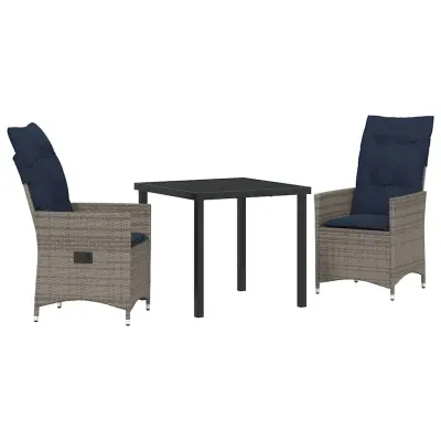 vidaXL Miza in stolčki z blazino 3 pcs Siva PE ratan