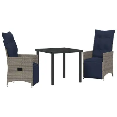 vidaXL Miza in stolčki z blazino 3 pcs Siva PE ratan