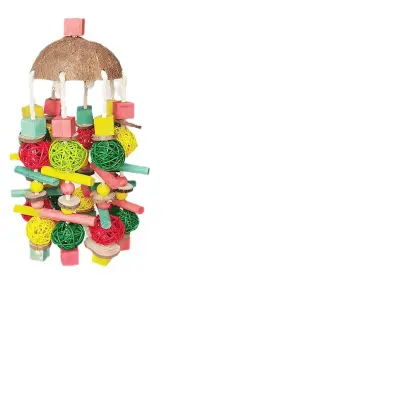 Igrača za grizenje papig – poliester, bombaž in les, 35cm x 15cm x 7cm