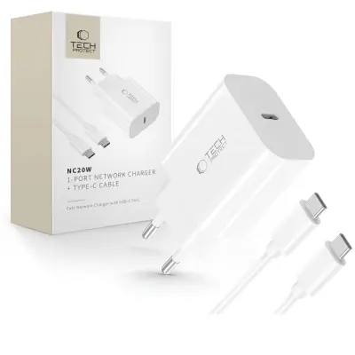 TECH-PROTECT POLNILEC NC20W PD20W 1-PORT ZA TELEFONE + KABEL TYPE-C BEL