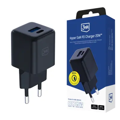 DODATKI - 3MK HYPER GAN POLNILNIK 20W QC4+ PD PPS USB 1A1C ČRN EU