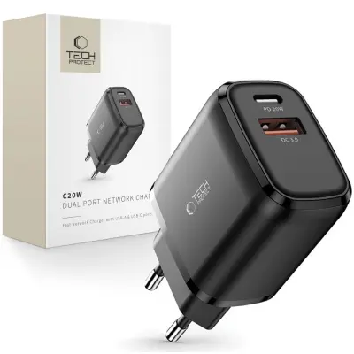 TECH-PROTECT C20W 2-PORTNI OMREŽNI POLNILEC PD20W/QC3.0 ČRN