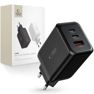 TECH-PROTECT C65W 3-PORTNI OMREŽNI POLNILEC PD65W/QC3.0 ČRN
