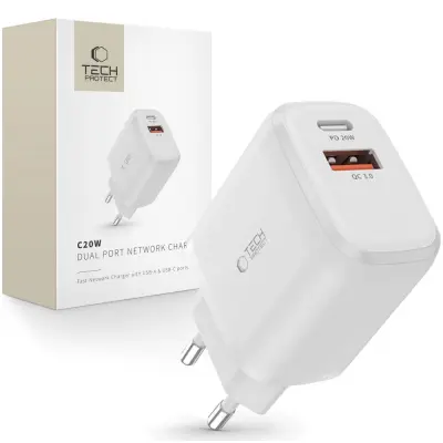 TECH-PROTECT C20W 2-PORTNI OMREŽNI POLNILEC PD20W/QC3.0 BEL