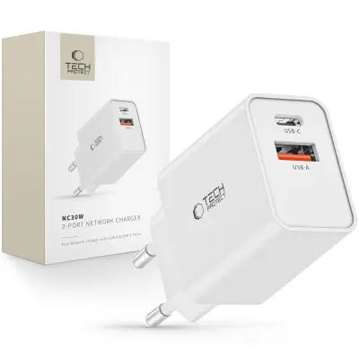 TECH-PROTECT NC30W 2-PORTNI OMREŽNI POLNILEC PD30W/QC3.0 BEL