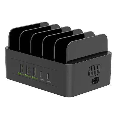 Polnilna postaja 100W Pametni telefon in tablica 3 USB in 2 USB-C Hladenje, Črna