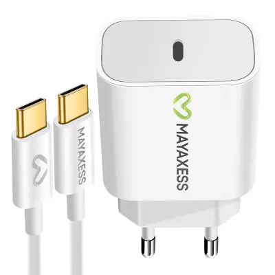Mayaxess, Omrežni polnilnik za iPhone 17 Pro Max 20W + 1m USB-C kabel, Bela