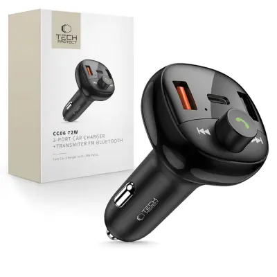 AVTO POLNILEC TECH-PROTECT 3-PORTNI PD72W ZA IPHONE 12 13 14 15 Z FM FUNKCIJO