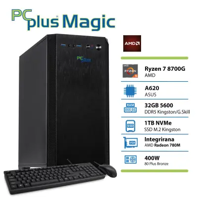 Namizni računalnik PCPLUS Magic, Ryzen 7 8700G, 32 GB RAM, 1 TB SSD, Radeon 780M, + tipkovnica, miška