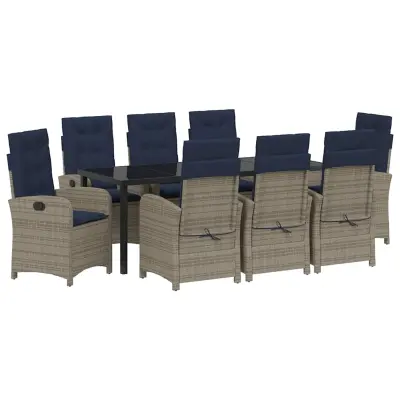 vidaXL Komplet za jedilnico v vrtu z blazino 9 pcs Siva poli ratan