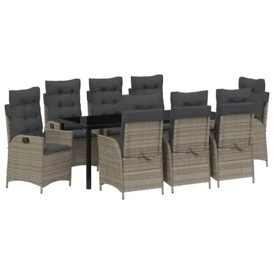 vidaXL Komplet za jedilnico v vrtu z blazino 9 pcs Siva poli ratan