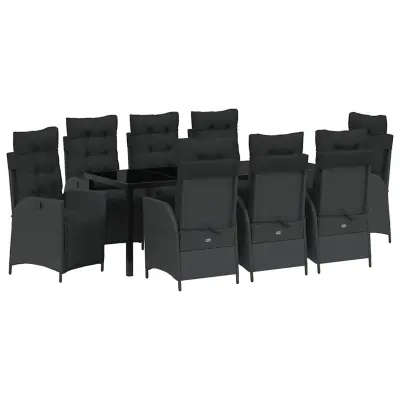 vidaXL Komplet za jedilnico v vrtu z blazino 9 pcs Črna poli ratan