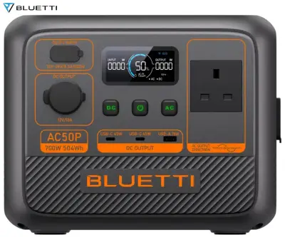 BLUETTI AC50P prenosna polnilna postaja, 700W moč, 504Wh baterija, polnjenje / napajanje naprav, črna