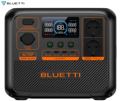BLUETTI AC70P prenosna polnilna postaja, 1000W moč, 864Wh baterija, polnjenje / napajanje naprav, črna