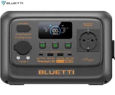 BLUETTI PREMIUM 30 V2 prenosna polnilna postaja, 600W moč, 320Wh baterija, polnjenje / napajanje naprav, črna