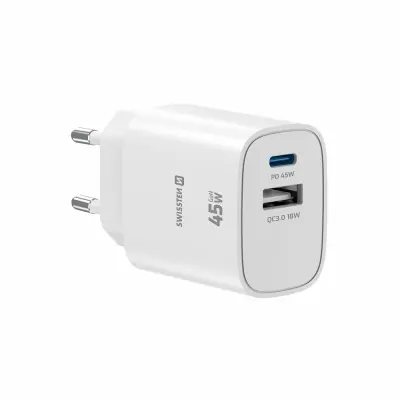 Polnilec SWISSTEN GAN 1xUSB-C PD 45W, 1xUSB-A 18W