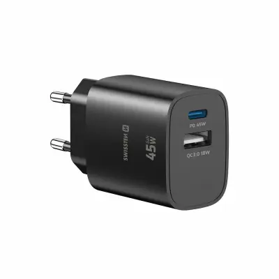 Polnilec SWISSTEN GAN 1xUSB-C PD 45W, 1xUSB-A 18W
